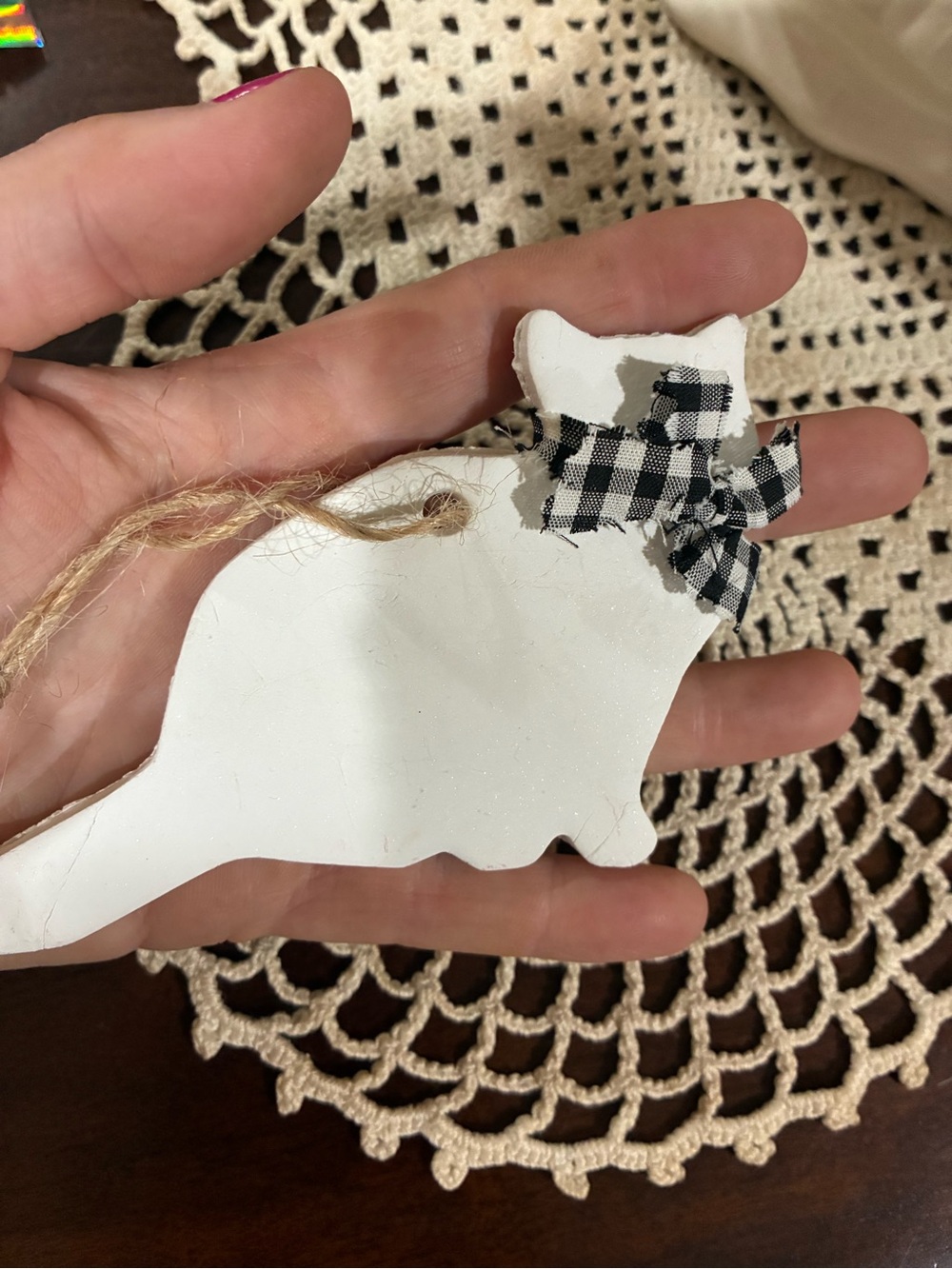 Clay Ornament with Black Gingham Bow - Decorative Pet Accent